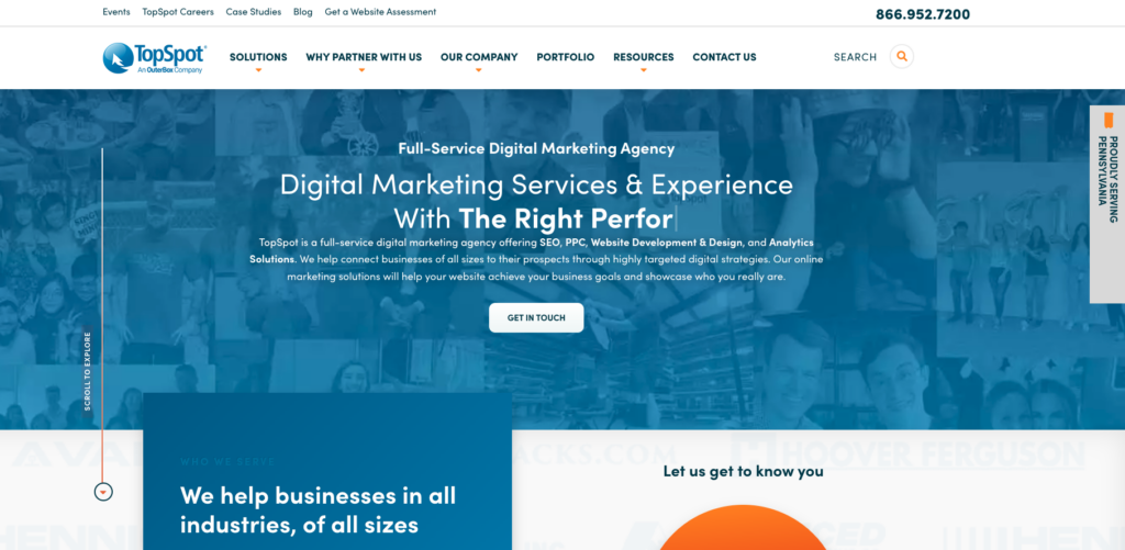 TopSpot Marketing Agency homepage. Blue, clean, precise